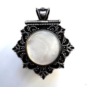 VTG Sterling Silver 925 Mother of Pearl Scroll Design Pendant Size 2.5" Length